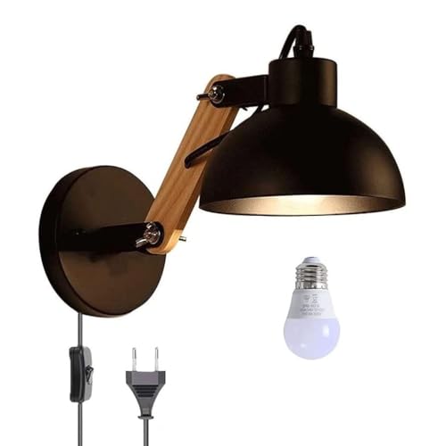 Apliques de Pared retro industrial brazo regulable de madera Apliques de lectura con cable Lámpara de pared E27 vintage con interruptor pantalla de metal Luz de Cabecero Dormitorio con enchufe,Negro