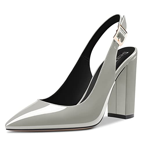 DearOnly Womens Pumps Slingback Ankle Strap Pointed Toe Block Chunky High Heel Patent Dress Shoes Bridal Wedding Dating Shopping Vacation 4 Inch