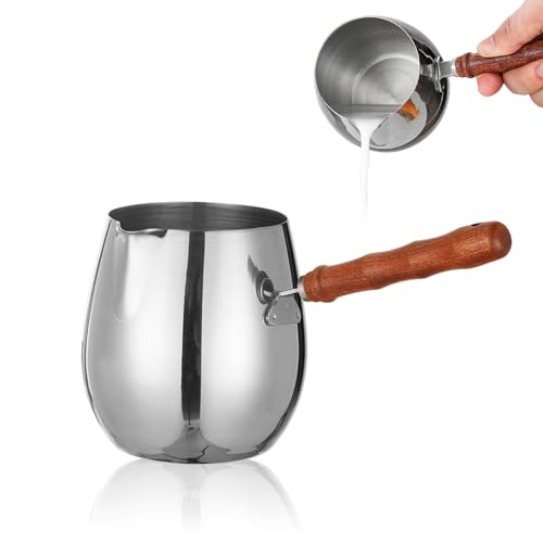 Zasjon 300ML Cazo Leche con Mango de Madera Cazo de Acero Inoxidable Mini Cacerola Pequeña Calentador de Mantequilla, Chocolate, Salsa, Café, Olla Cazo Cocina para Estufas de gas