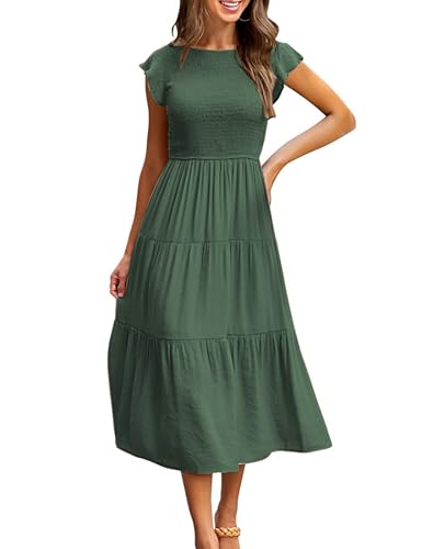 CMTOP Vestido Verano Mujer Largo Vestido Playa Manga Volante Cuello Redondo Sólido Elegante Vestidos Largos Cintura Elástica Casual Vestido en Capas Vestido Línea A(Verde Militar, M)