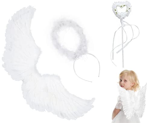 Taicols Ailes d'ange Blanches,Costume d'ailes d'ange pour Femme et Fille, Ailes d'ange,Ailes d'ange en Plumes avec Halo et Baguette Magique, Décoration de fête costumée Cover