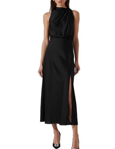 high neck midi summer dress Realtix Womens Summer Satin Ruched High Neck Sleeveless Midi Dress Elegant Mock Neck Slit Long Dresses Formal Wedding Guest Black at Amazon Women's Clothing store