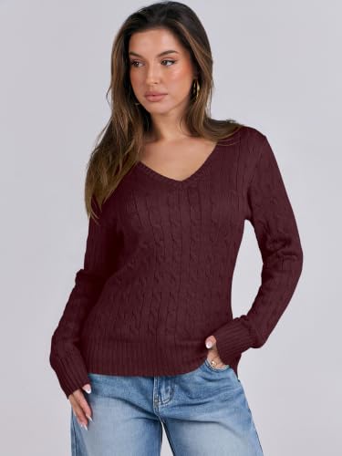 Image of ANRABESS Women's Cable Knit V Neck Fitted Sweaters