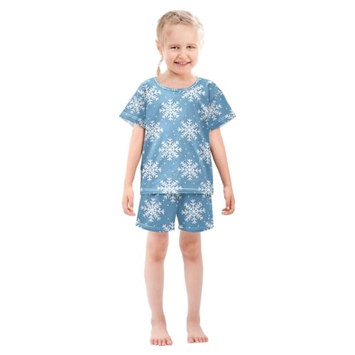 ALAZA Blue Snowflake Christmas White Pajamas Set Short Sleeve Cotton Sleepwear Summer Pjs 2 Piece 5-14Y3