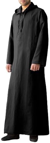 YAOHUOLE Hooded Kaftan for Men Muslim Kaftan Thobe with Pocket Black L