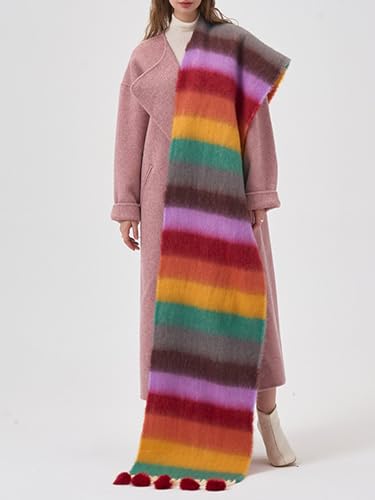 CORIRESHA Women's Rainbow Striped Scarf Soft Winter Warm Thick Shawl Gifts with Pom Pom3