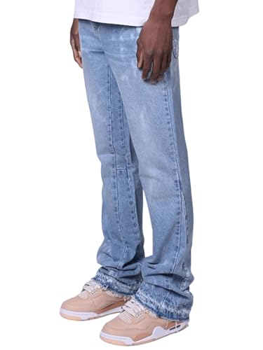 LONGBIDA Men's Stretch Slim Fit Mid-Rise Vintage Flare Jeans with Distressed Frayed Hem - Designer Stacked Jeans