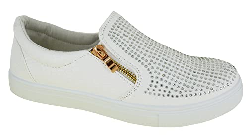 Womens Flat Slip ON Studded Zip Fashion Sport Shoes Ladies Trainers Size 3-11 White