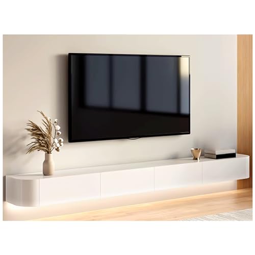 Meuble TV flottant blanc au design minimaliste et finitions laquées pour salon