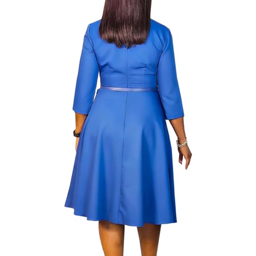 Image of Elainone Women 3 /4 Sleeve Casual Swing Flared A Line Dress Wedding Guest Semi Formal Office Work Dresses with Belt