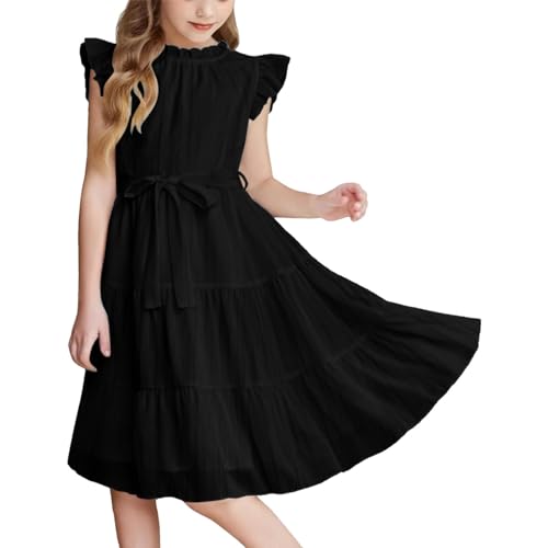 Teen Girls Swing Flowy Dress Ruffles Short Sleeve Midi Smocked Dresses Summer Casual Elegant Crew Neck Dress Clothes