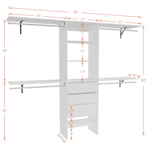 96-inch-Closet-System-with-3-Drawers-4-Hanging-Rods-and-4-Shelving-Towers-Heavy-Duty-8FT-Walk-In-Organizer-with-Built-In-Garment-Rack-Adjustable-Storage-White 96 inch Closet System with 3 Drawers 4 Hanging Rods and 4 Shelving Towers Heavy Duty 8FT Walk In Organizer with Built In Garment Rack Adjustable Storage White