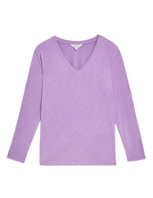 Image of Marks & Spencer Per UNA Womens Solid Modal Blend V-Neck Regular Fit Long Sleeve Top