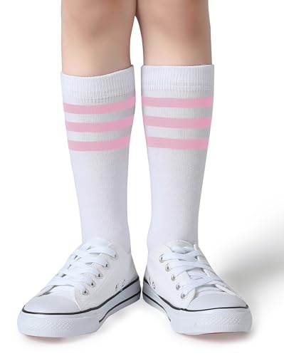 Pareberry Boys Girls Over the Calf Striped Tube Socks Cotton Soft Retro Athletics No Heel Socks for Kids 5-14 Years3