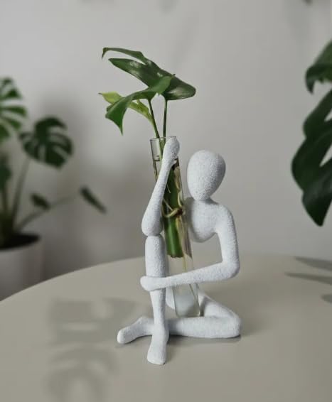 Abstract Human Figure Sculpture with Glass Vase, White, Resin, Si...