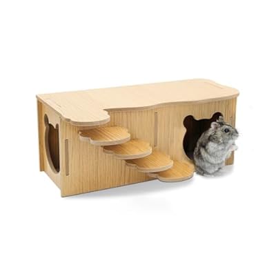 LuckyOpt Wooden Hamster Hideout, Luxury Small Animal Hamster House with 2 Rooms and Funny Climbing Ladder Hamster Exercise Toys for Dwarf Hamster, Rat, Gerbil, Mouse (Bear)