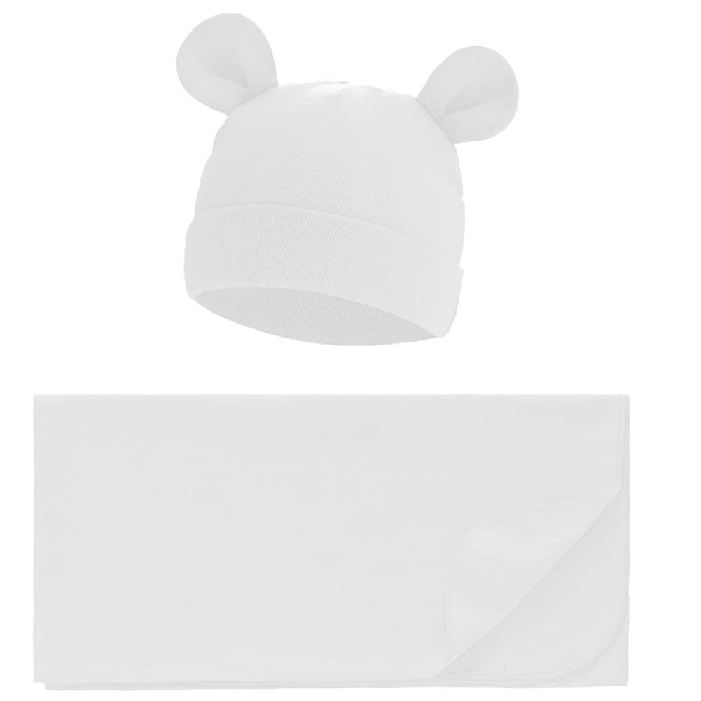 Exemaba Newborn Baby Swaddle Blanket with Hat, Infant Swaddle Wrap Soft Sleeping Bag Sack for Boys Girls 0-3 Months, Size 80x80cm(White)
