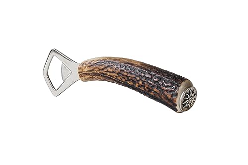 Flaschenöffner Hirschhorn, mit Griff aus echtem Horn, Kapselheber Tracht, versilberte Zierkappe mit Edelweißmotiv, ideal für Trachtler und Jäger sowie für ein...