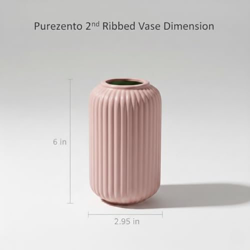 Image of PUREZENTO Pink Ribbed Texture Ceramic Vase - 6 Inch | Vases for Centerpiece Home Decor, Living Room & Bedroom | Vase for Pampas Grass, Dried & Artificial Flowers