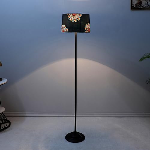 Image of tu casa Black Metal-Iron Base Foldable Floor Lamps with French Floral Print & Satin Shade for Bedroom, Living Room, Lounge, Office Area, Gifting Without Bulb for Home Decoration (Height - 53 inch)