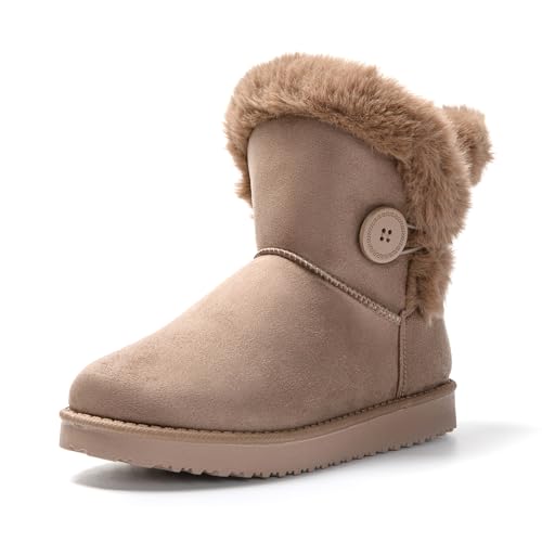 JOMIX Botas Mujer Invierno Clásicas Botas Nieve Mujer con Botones Botas de Piel Sintética con Peluche Cómodos, Caqui, 36 EU
