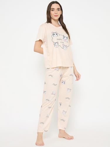Image of CAMEY Women's Printed Pyjama Set, Short Sleeve T-Shirt and Trousers, Women Nightsuit, Loungewear Sets