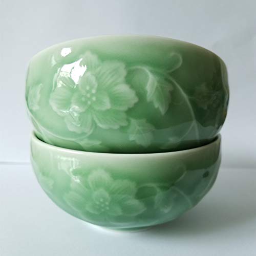 Bowl Chinese Rice Engraved Peony 4.5Inch Dinnerware Porcelain(1, Light Green) #TOP1