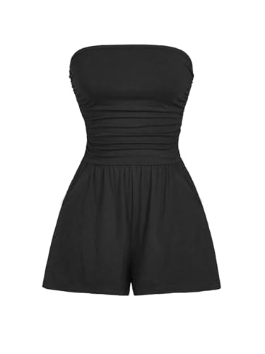 AUXDIO Women Summer Casual Strapless Romper Sleeveless Off Shoulder Short Jumpsuits 2026 Beach Vacation Clothes Black Medium