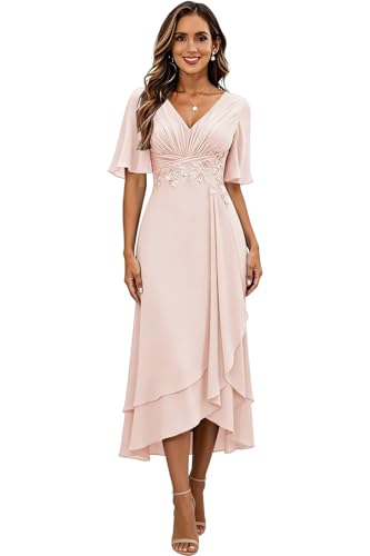 Image of Lace Applique Mother of Bride Dresses Chiffon Mother of the Groom Dresses Tea Length Formal Evening Dress with Sleeve
