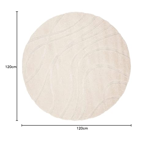 Image of Geometric Wave Round Shaggy Carpet for Living Room, Bedroom, High Low Design Finish Microfiber 1.8 Inch Pile High, 4x4 Feet Ivory|Ivory Color