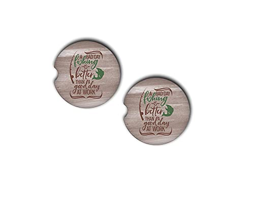 Fishing Car Coasters Funny Quote Cup Holder Coaster for Drinks - Fishing is Better Than Work - Gift for Father's Day Him Men - Polyester Neoprene Set of 2 - Handmade by The Painted Pug