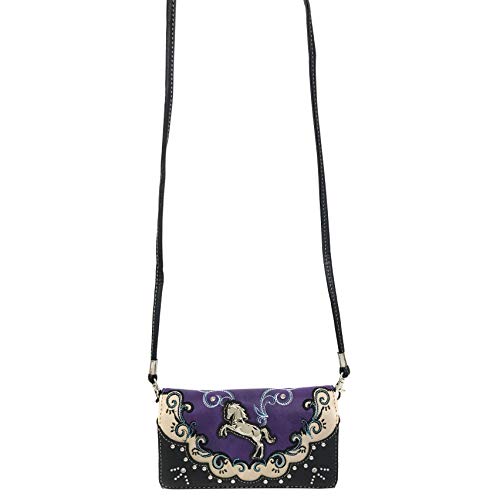 Justin West Brown Horse Embroidery Studded Concealed Carry Handbag Purse Matching Wallet (Purple Wallet)3