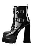 Only maker Damen Stiefel Plateau Stiefeletten Profilsohle Ankle Mid Boots mit Riemen Schnallen Lack Schwarz 36 EU