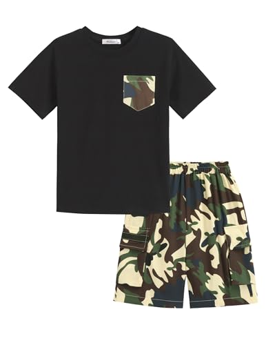 Image of Arshiner Boys' 2-Piece Cotton Outfit Short Sleeve Crewneck T-Shirt & Cargo Shorts Set Summer Casual Clothes for Kids 5-13