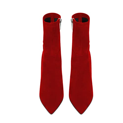 YDN Women Sexy Closed Pointed Toe Stretchy Suede Mid Calf Ankle Boots Stiletto High Heel Pearl Buckled Booties Formal Outfit Shoes Size 4-15 US4