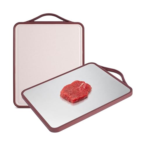 Image of RENVA Stainless Steel Cutting Board,Double Sided Steel Cutting Boards for Kitchen,Stainless Steel /Wheat Straw pp Large Board for Meat,Non Toxic Chopping(38x29 Brown)