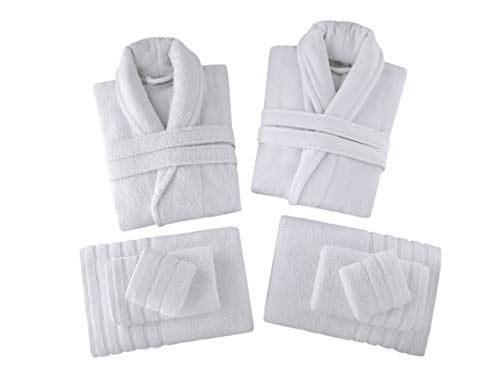 Classic Turkish Towels His and Hers Bathrobe Gift Box Set - Includes Velour and Terry Shawl Robes and 6 Piece Towel Set Made with 100% Turkish Cotton