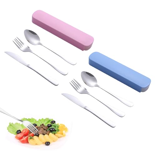 8 Pcs Travel Cutlery Set with Case,Reusable Stainless Steel Cutlery Set for 2 with Spoon Knife and Fork,Portable Travel Utensils for Picnic Outdoor Adventures School Office Everyday Use (Pink,Blue)