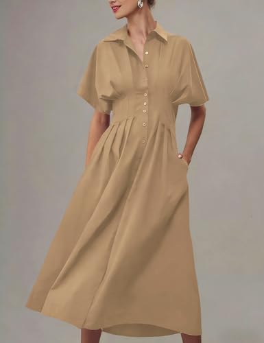 Image of Yeokou Shirt Dress for Women Summer Casual Short Sleeve Button Down Loose Pleated Maxi Sundress with Pockets