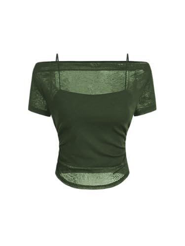 CIDER Off Shoulder Top Ruched Short Sleeve Tee Cami Knit Slim Fit Casual Going Out Boat Neck Tops
