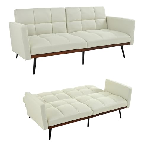 NuvlaGu Sofá futón de mezcla de lino, 146 cm, respaldo ajustable en 5 posiciones, reposabrazos fijos, patas metálicas, gris, 2 plazas, espuma de alta densidad (beige)