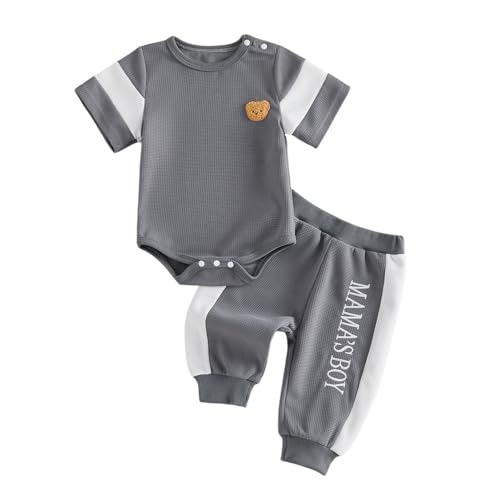 Image of Babieshouse Newborn Baby Boy Clothes Mamas Boy Bear Embroidery Long Sleeve Romper Pants Set Fall Winter Outfits 3-18 Months