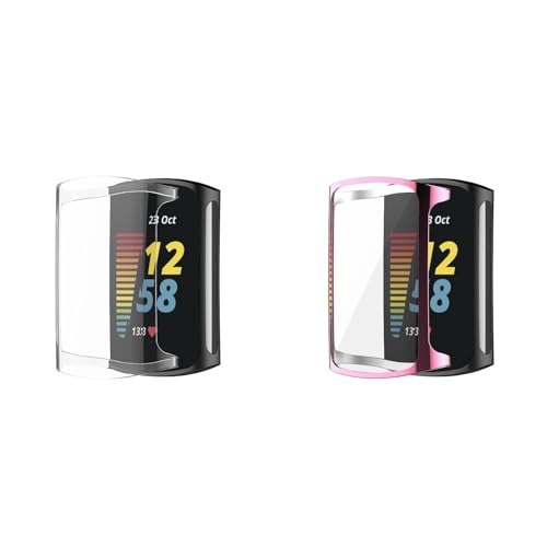 2 fundas compatibles con Fitbit Charge 6, protector de pantalla flexible de TPU, resistente a los arañazos, carcasa protectora para Fitbit Charge 6/Charge 5 (rosa/transparente)