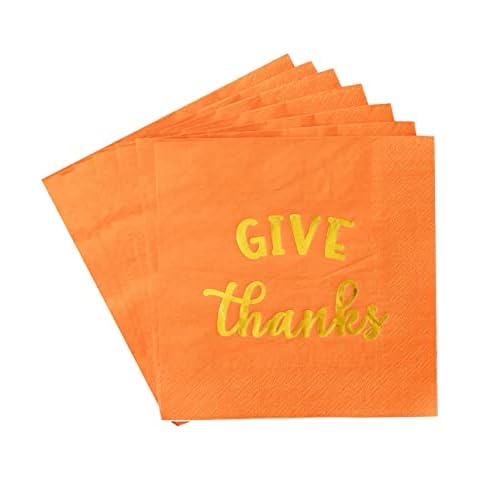 Thanksgiving Dinner Napkins - 100 Pack Give Thanks Disposable Fall Orange Paper Napkins with Gold Foil - 6.5" x 6.5" for Thanksgiving Decoration and Gathering Dinner Party Events Cover