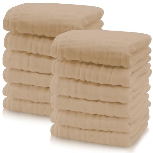 Image of Cute Castle 12 Pack Muslin Baby Washcloths - Large 12'' by 12'' - Ultra Soft 100% Cotton - Super Absorbent Burp Cloths for Unisex, Boy, Girl -Brown