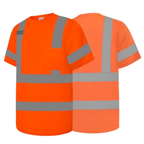 Class 3 High Visibility Safety Shirts for Men, Short Sleeve Hi Vis Shirts for Construction, Utility Workers, Orange 2X-Large 1pc