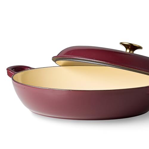 Image of CAROTE 3.4QT Enameled Cast Iron Braiser Pan, Shallow Dutch Oven Casserole Skillets, Non-Toxic Cast Iron Pot with Lid for Grilling, Searing, Baking, Dual Handles, All Stovetop Compatible, Fig