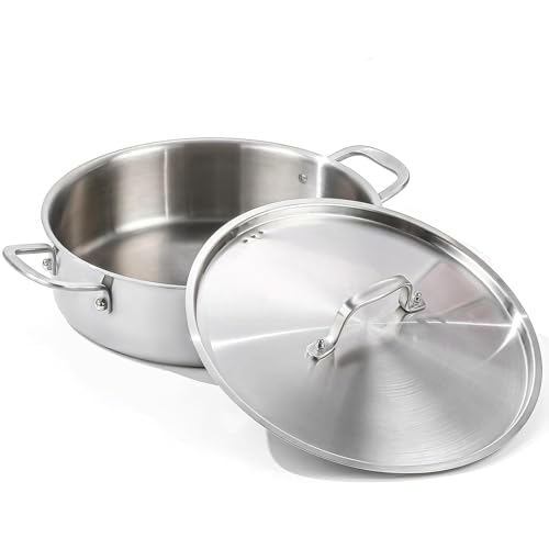 DELARLO Tri-Ply Stainless Steel 5 Quart Braiser Pan with Lid Induction Rondeau Pot With Lid 12inch Deep Frying Pan Large Saute Pan Heavy Duty Style Compatible With All Cooktops Up to 650℉