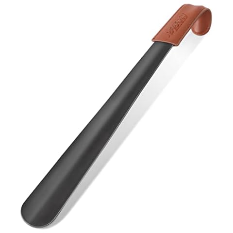 NINEMAX Metal Shoe Horn Long Handled Shoehorn 42cm,Extra Long Shoe Horns Lazy Shoe Helper for Men Women the Elderly - Shoehorns with Leather Handle Cover