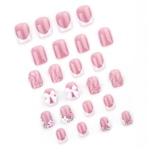 Image of Pink Press on Nails Flower Fake Nails Bow Rhinestone Glue on Nails with 5D Floral Design Short Square Stick on Nails Glossy Reusable Artificial Acrylic Full Cover False Nails for Women Manicure 24Pcs